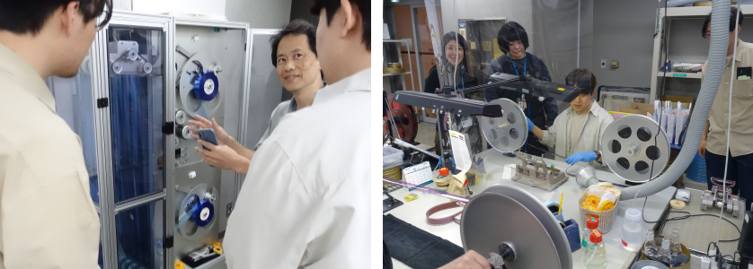 카라시 설명 중인 마츠오 씨(좌), 장비 실습 중인 자료원 필름 보존 담당자(우)？